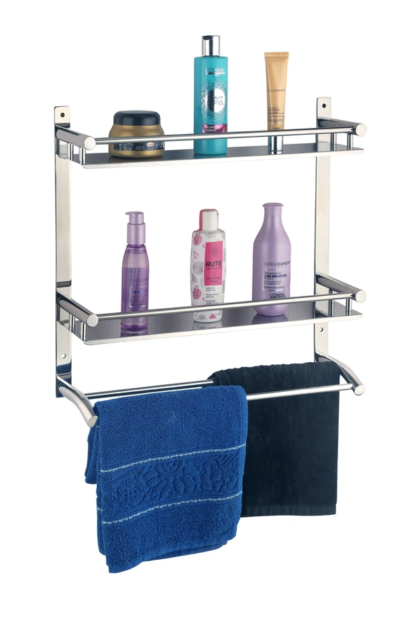 BA37 Stainless Steel Double Layer Shelf with Towel Road,Multipurpose Bath Shelf Organizer,Kitchen Shelf/Towel self/Bathroom Shelf /bathroom stands and racks/Bathroom Accessories-Chrome Finish(Made in India)