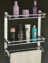 BA37 Stainless Steel Double Layer Shelf with Towel Road,Multipurpose Bath Shelf Organizer,Kitchen Shelf/Towel self/Bathroom Shelf /bathroom stands and racks/Bathroom Accessories-Chrome Finish(Made in India)