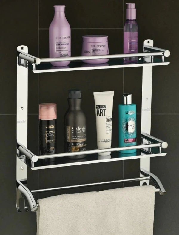 BA37 Stainless Steel Double Layer Shelf with Towel Road,Multipurpose Bath Shelf Organizer,Kitchen Shelf/Towel self/Bathroom Shelf /bathroom stands and racks/Bathroom Accessories-Chrome Finish(Made in India)