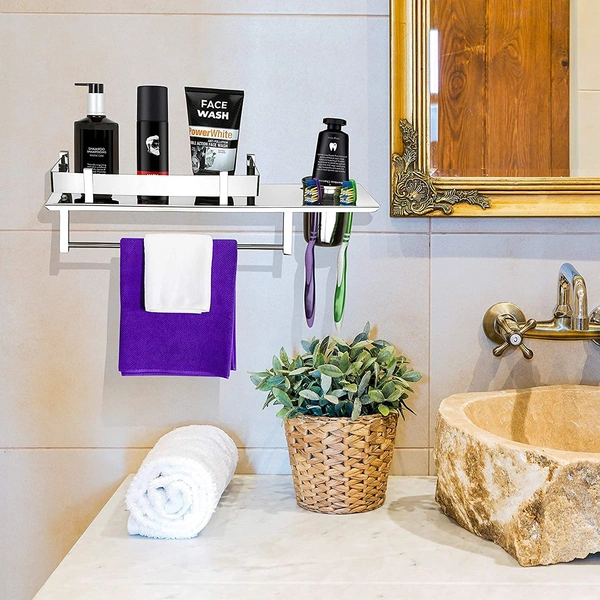 BA35 Stainless Steel 3 IN 1 Shelf with Towel Road,Multipurpose Bath Shelf Organizer,Kitchen Shelf/Towel self/Bathroom Shelf /bathroom stands and racks/Bathroom Accessories-Chrome Finish(Made in India)