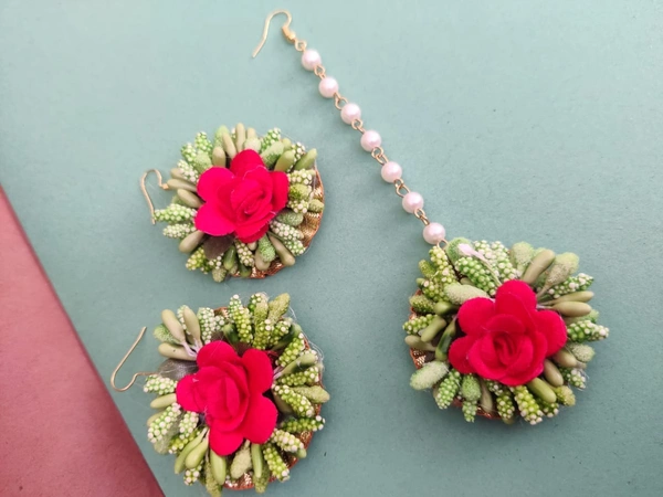 Elegant Flower Jewellery | Fashionable Mangtika with earrings | Flower Jewels | Bridal Jewellery | Flower Earrings and Mangtika Set | Haldi Jewelry | Wedding Religious Jewelry | Women Jewellery