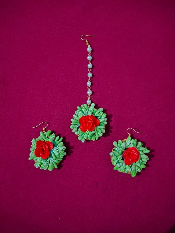 Elegant Flower Jewellery | Fashionable Mangtika with earrings | Flower Jewels | Bridal Jewellery | Flower Earrings and Mangtika Set | Haldi Jewelry | Wedding Religious Jewelry | Women Jewellery
