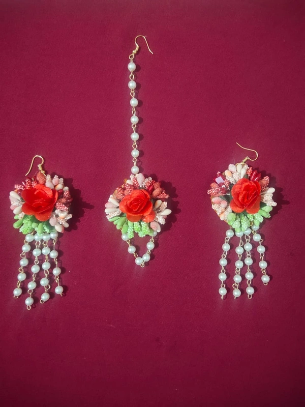 Elegant Flower Jewellery | Fashionable Mangtika with earrings | Flower Jewels | Bridal Jewellery | Flower Earrings and Mangtika Set | Haldi Jewelry | Wedding Religious Jewelry | Women Jewellery