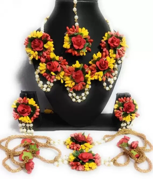Elegant Flower Jewellery | Fashionable Mangtika with earrings | Flower Jewels | Bridal Jewellery | Flower Earrings and Mangtika Set | Women Floral Jewellery for Haldi and religious festivals | Flower jewelery for haldi marriage ceremony - Red & Yellow