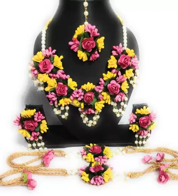 Elegant Flower Jewellery | Fashionable Mangtika with earrings | Flower Jewels | Bridal Jewellery | Flower Earrings and Mangtika Set | Women Floral Jewellery for Haldi and religious festivals | Flower jewelery for haldi marriage ceremony - Pink & Yellow
