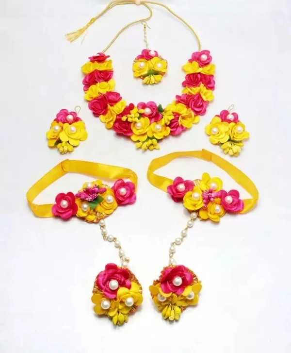 Elegant Flower Jewellery | Fashionable Mangtika with earrings | Flower Jewels | Bridal Jewellery | Flower Earrings and Mangtika Set | Women Floral Jewellery for Haldi and religious festivals | Flower jewelery for haldi marriage ceremony - Red & Yellow