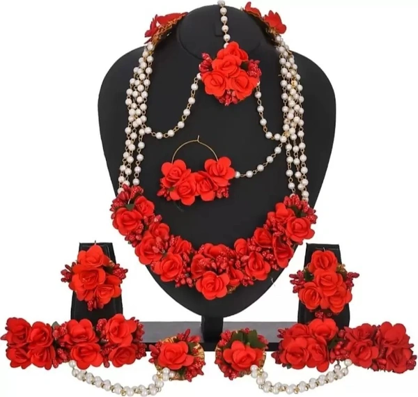 Elegant Flower Jewellery | Fashionable Mangtika With Earrings | Flower Jewels | Bridal Jewellery | Flower Earrings And Mangtika Set | Women Floral Jewellery For Haldi And Religious Festivals | Flower Jewelery For Haldi Marriage Ceremony