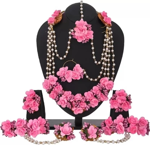 Elegant Flower Jewellery | Fashionable Mangtika With Earrings | Flower Jewels | Bridal Jewellery | Flower Earrings And Mangtika Set | Women Floral Jewellery For Haldi And Religious Festivals | Flower Jewelery For Haldi Marriage Ceremony