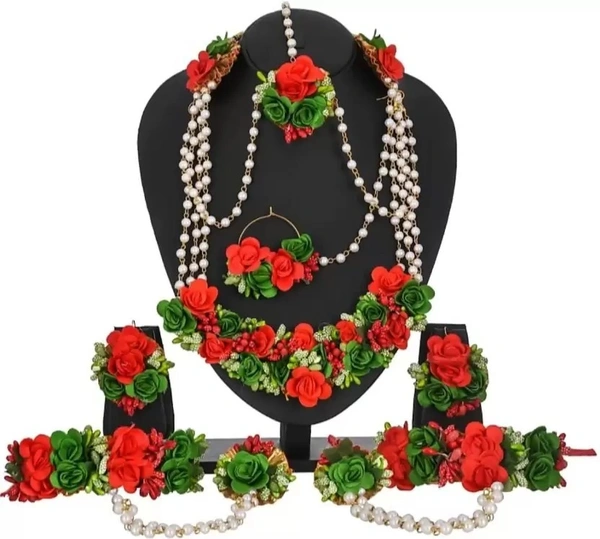 Elegant Flower Jewellery | Fashionable Mangtika With Earrings | Flower Jewels | Bridal Jewellery | Flower Earrings And Mangtika Set | Women Floral Jewellery For Haldi And Religious Festivals | Flower Jewelery For Haldi Marriage Ceremony