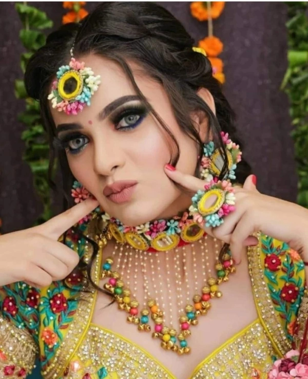Elegant Flower Jewellery | Fashionable Mangtika With Earrings | Flower Jewels | Bridal Jewellery | Flower Earrings And Mangtika Set | Women Floral Jewellery For Haldi And Religious Festivals | Flower Jewelery For Haldi Marriage Ceremony