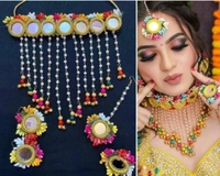 Elegant Flower Jewellery | Fashionable Mangtika With Earrings | Flower Jewels | Bridal Jewellery | Flower Earrings And Mangtika Set | Women Floral Jewellery For Haldi And Religious Festivals | Flower Jewelery For Haldi Marriage Ceremony