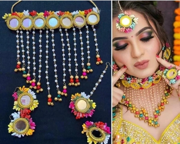 Elegant Flower Jewellery | Fashionable Mangtika With Earrings | Flower Jewels | Bridal Jewellery | Flower Earrings And Mangtika Set | Women Floral Jewellery For Haldi And Religious Festivals | Flower Jewelery For Haldi Marriage Ceremony