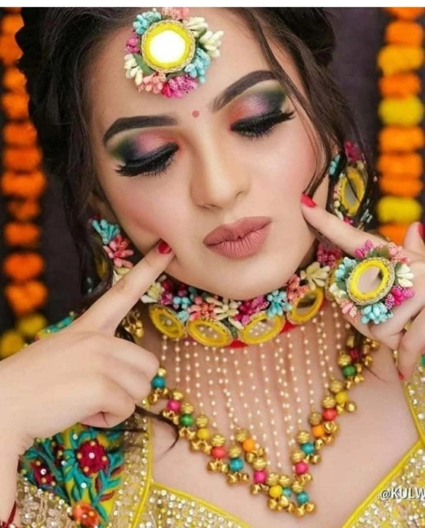 Elegant Flower Jewellery | Fashionable Mangtika With Earrings | Flower Jewels | Bridal Jewellery | Flower Earrings And Mangtika Set | Women Floral Jewellery For Haldi And Religious Festivals | Flower Jewelery For Haldi Marriage Ceremony