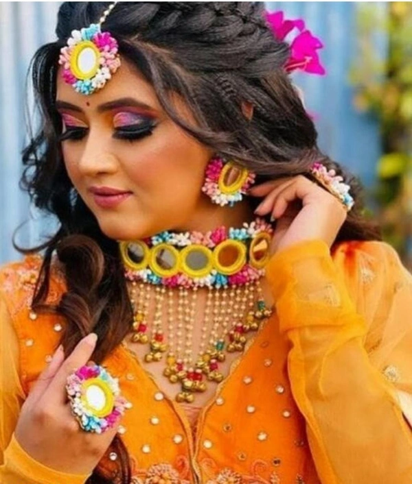 Elegant Flower Jewellery | Fashionable Mangtika With Earrings | Flower Jewels | Bridal Jewellery | Flower Earrings And Mangtika Set | Women Floral Jewellery For Haldi And Religious Festivals | Flower Jewelery For Haldi Marriage Ceremony