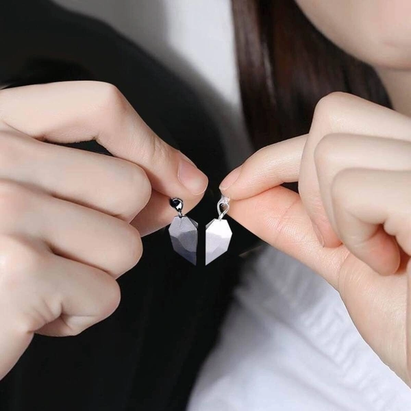 Karrington Stylish Couple Heart Lockets | Black Silver Magnet Attraction couple lOve Pendants  - Free Size, Black