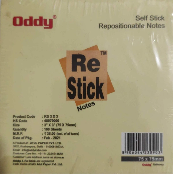 Oddy Re-Stick 3X3 - Yellow - Yellow, 75 mm x 75 mm