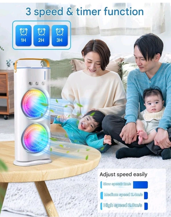 M-Bazar Double Ended Spray Fan, Cold Air Fan 3 Gears, 4000mAh Battery & USB Rechargeable, Oscillating fan with LED Light Cooler Fan, Push Button & Remote Control,280ml Water Tank, Ice Filling Fan ( White Color )
 - White