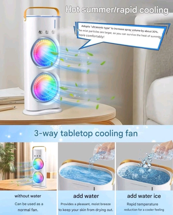 M-Bazar Double Ended Spray Fan, Cold Air Fan 3 Gears, 4000mAh Battery & USB Rechargeable, Oscillating fan with LED Light Cooler Fan, Push Button & Remote Control,280ml Water Tank, Ice Filling Fan ( White Color )
 - White
