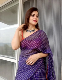 ZENY SILK CHECKERED SAREE WITH GLASS MIRROR MILANO FABRIC BLOUSE - Free Size, Blue