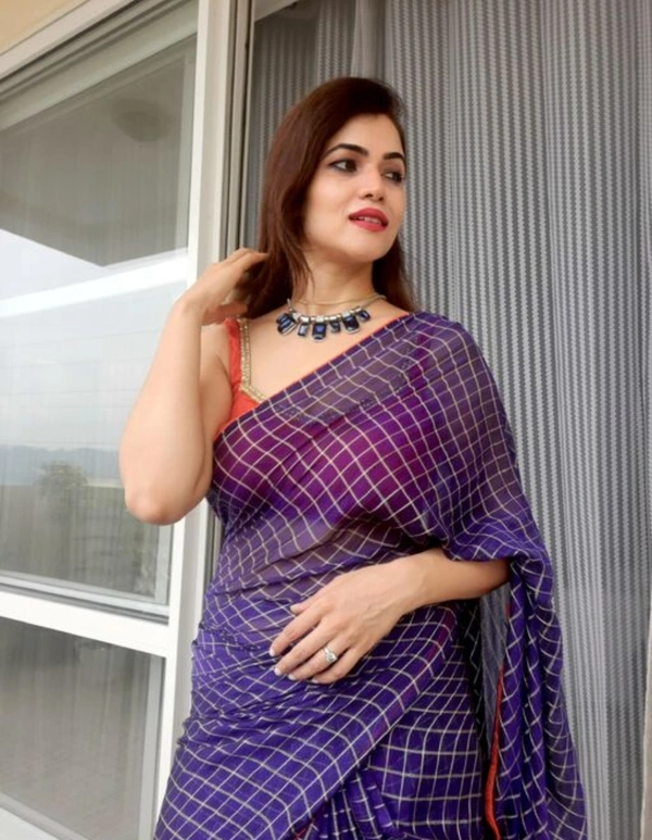 ZENY SILK CHECKERED SAREE WITH GLASS MIRROR MILANO FABRIC BLOUSE - Free Size, Blue