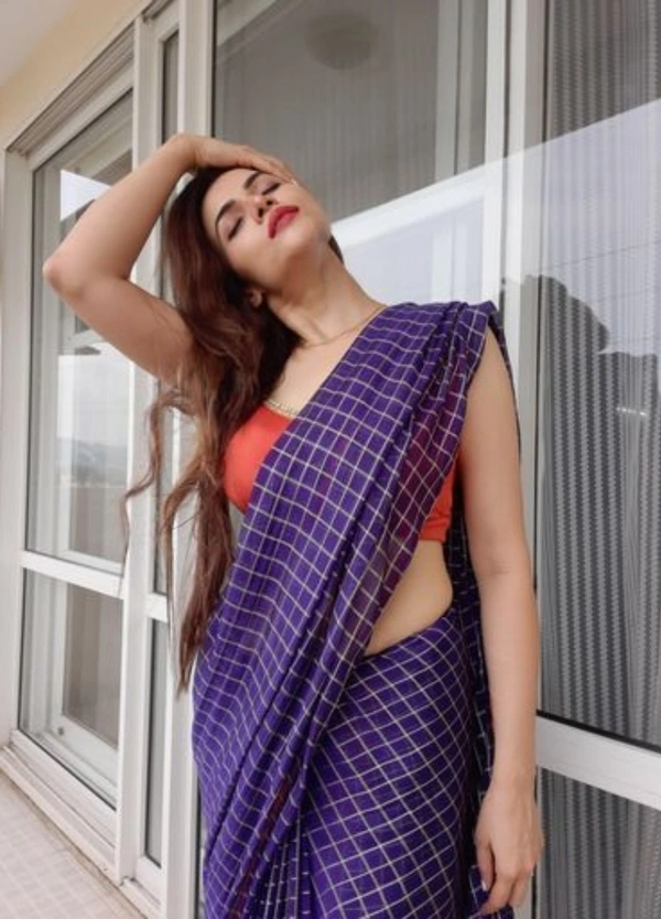 ZENY SILK CHECKERED SAREE WITH GLASS MIRROR MILANO FABRIC BLOUSE - Free Size, Blue