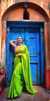 ZENY SILK CHECKERED SAREE WITH GLASS MIRROR MILANO FABRIC BLOUSE - Free Size, Parrot Green