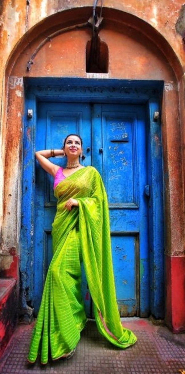 ZENY SILK CHECKERED SAREE WITH GLASS MIRROR MILANO FABRIC BLOUSE - Free Size, Parrot Green