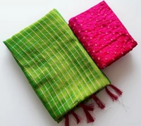 ZENY SILK CHECKERED SAREE WITH GLASS MIRROR MILANO FABRIC BLOUSE - Free Size, Parrot Green