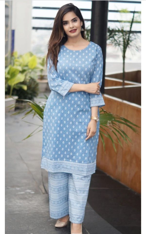Women's Printed Cotton Kurta with Palazzos - M, Sky Blue