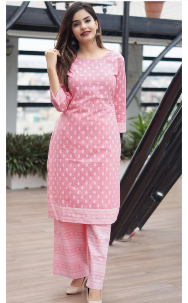 Women's Printed Cotton Kurta with Palazzos - XXL, Light Pink