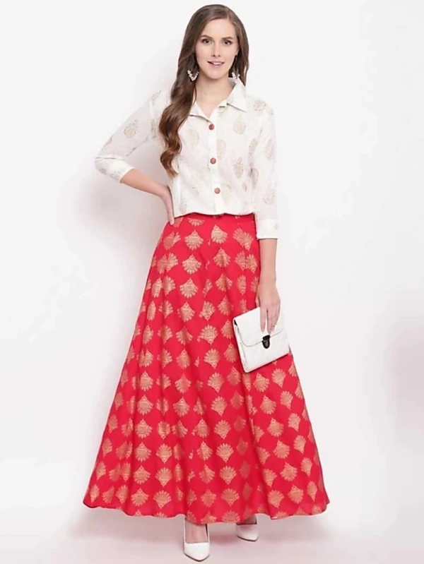 Pleasance Partywear Foil Printed Cotton Shirt-Skirt Set - White-Red, M