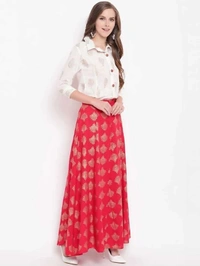 Pleasance Partywear Foil Printed Cotton Shirt-Skirt Set - White-Red, M