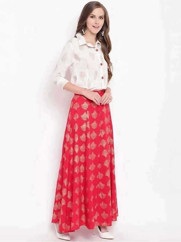 Pleasance Partywear Foil Printed Cotton Shirt-Skirt Set - White-Red, M