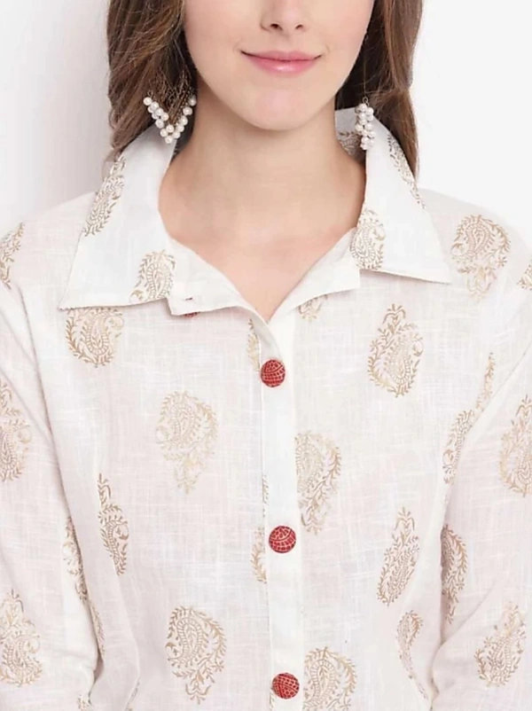 Pleasance Partywear Foil Printed Cotton Shirt-Skirt Set - White-Red, M