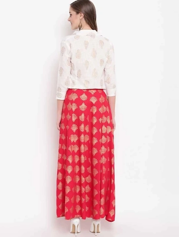 Pleasance Partywear Foil Printed Cotton Shirt-Skirt Set - White-Red, M