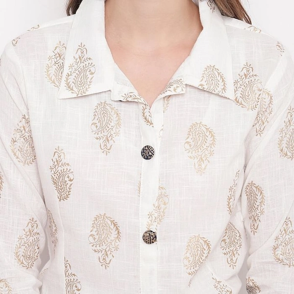 Pleasance Partywear Foil Printed Cotton Shirt-Skirt Set - White-Navy Blue, XXS