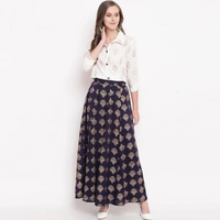 Pleasance Partywear Foil Printed Cotton Shirt-Skirt Set - White-Navy Blue, XS