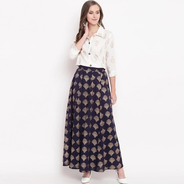 Pleasance Partywear Foil Printed Cotton Shirt-Skirt Set - White-Navy Blue, XS
