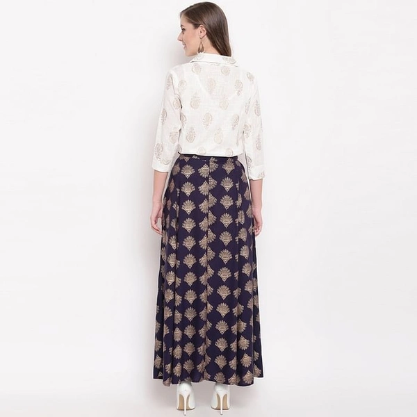 Pleasance Partywear Foil Printed Cotton Shirt-Skirt Set - White-Navy Blue, M