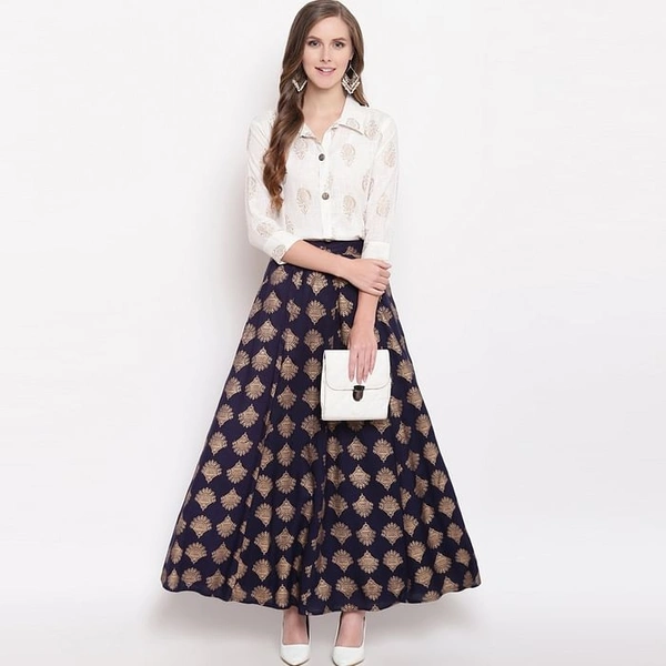 Pleasance Partywear Foil Printed Cotton Shirt-Skirt Set - White-Navy Blue, XXL