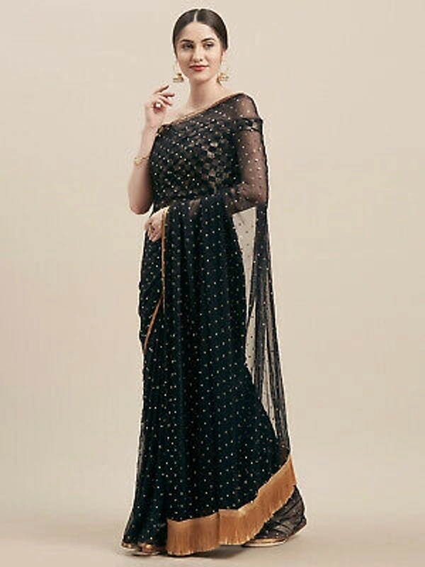 GoSriki Chiffon Embellished Saree - Black, Free Size