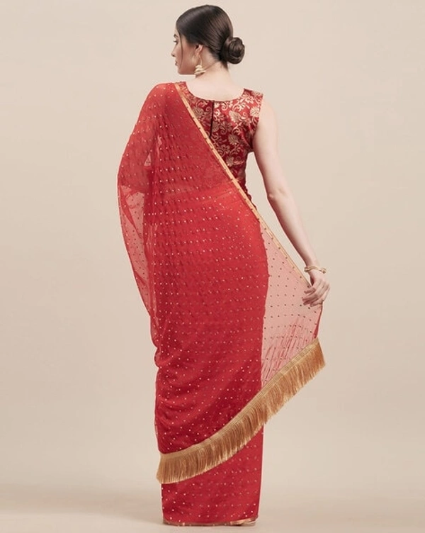 GoSriki Chiffon Embellished Saree - Red, Free Size