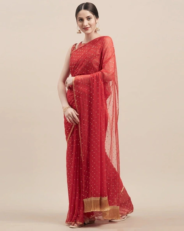 GoSriki Chiffon Embellished Saree - Red, Free Size