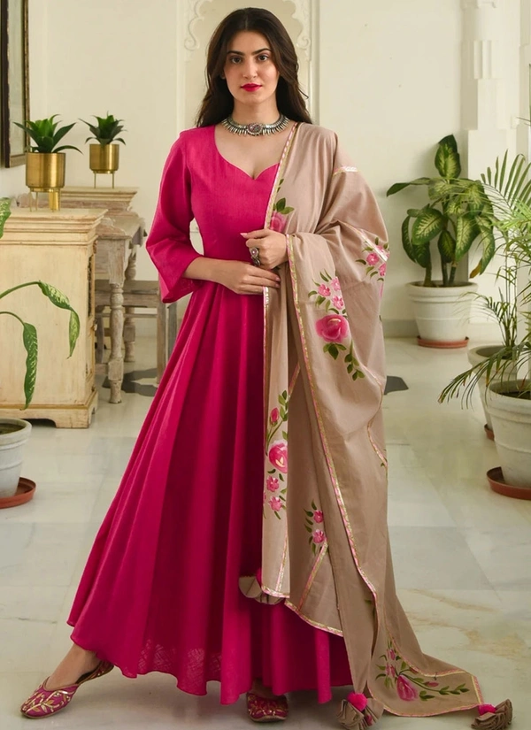 Women's Solid Long Anarkali Kurta with Dupatta - XXXL