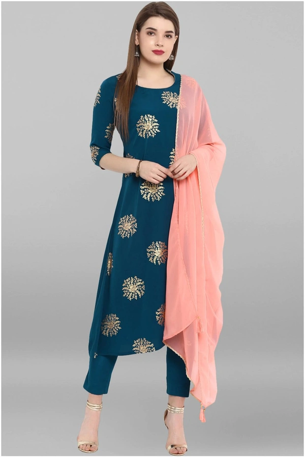 Women's Printed Crepe Kurta set with Pants - Blue, L
