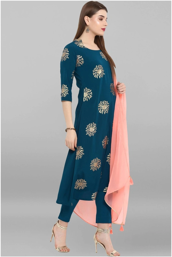 Women's Printed Crepe Kurta set with Pants - Blue, L
