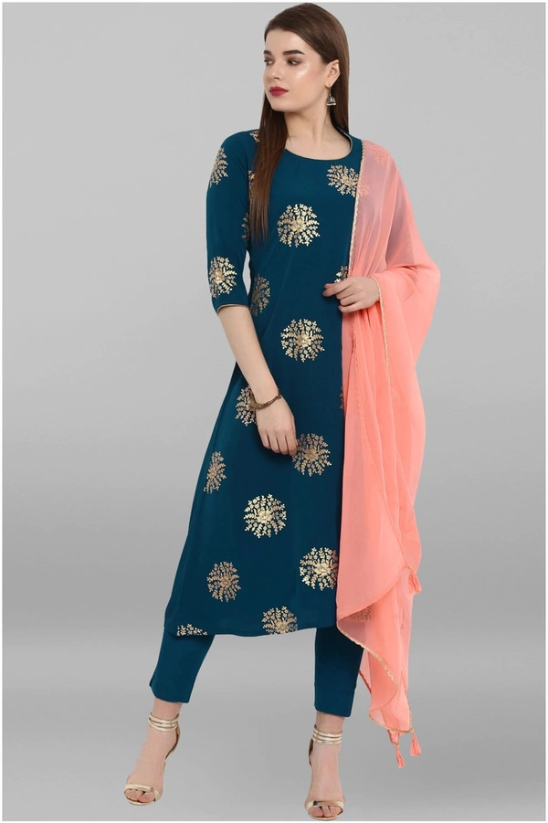 Women's Printed Crepe Kurta set with Pants - Blue, L