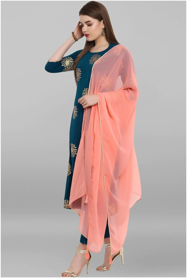 Women's Printed Crepe Kurta set with Pants - Blue, L