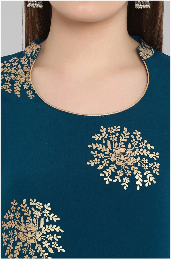 Women's Printed Crepe Kurta set with Pants - Blue, L