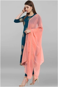 Women's Printed Crepe Kurta set with Pants - Blue, XXL